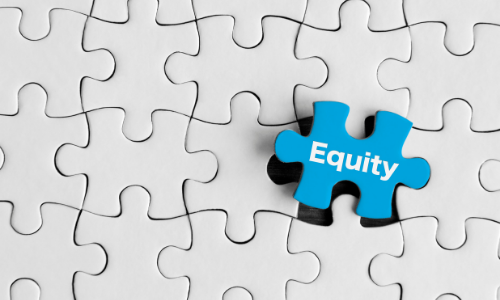 White puzzle pieces with one piece that says "Equity"
