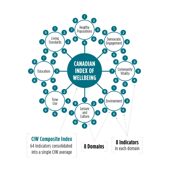 Canadian Index of Wellbeing graphic with 8 domains