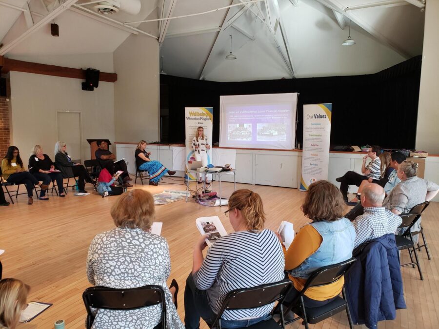 People sitting in chairs in a circle watching a presentation for a WWR event