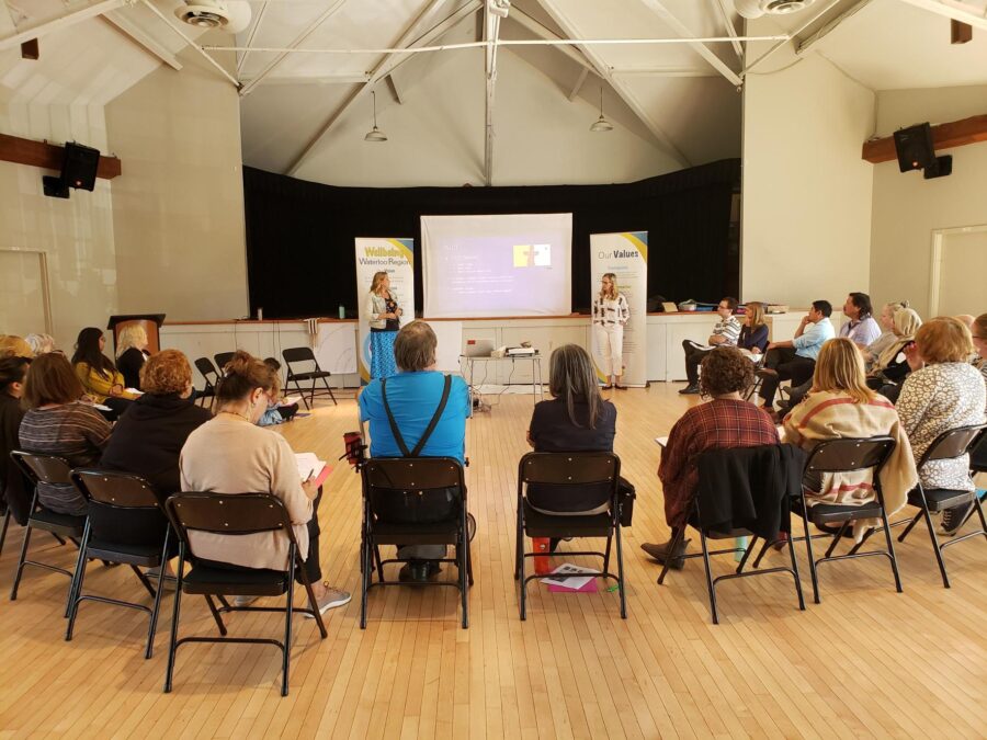 People sitting in chairs in a circle watching a presentation for a WWR event