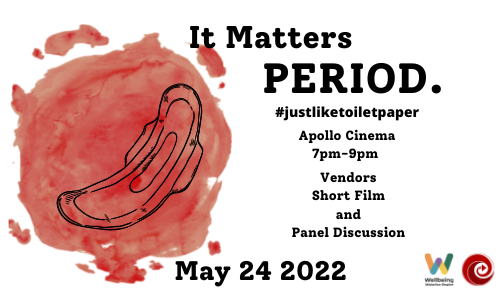 Large red splotch with a menstrual pad. The title reads, it matters. Period. Hashtag just like toilet paper.